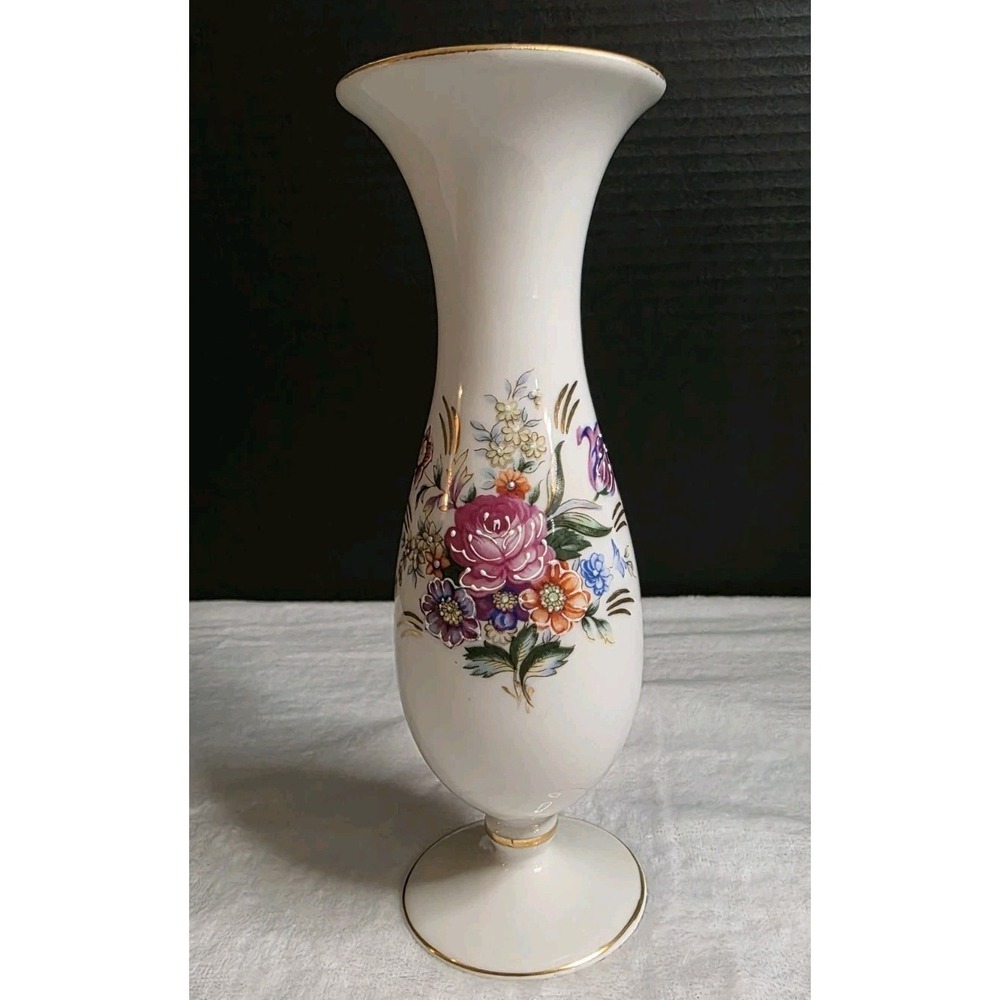 Vintage Pink Floral Gold Trim Porcelain Bud Vase Numbered 52/254 White 8 Inch